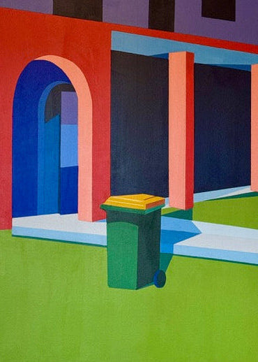 Colourful abstract painting of architectural elements on a beige wall