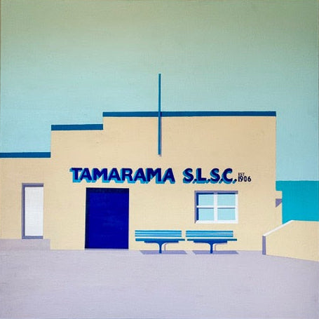 Artistic depiction of a building with 'Tamarama S.L.S.C.' signage on a blue and green gradient background.